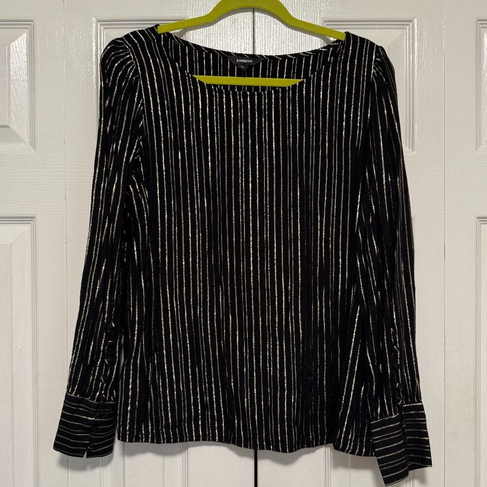 Express Black & Metallic Gold Striped Puff Sleeve Button Cuff Top New w/o Tags